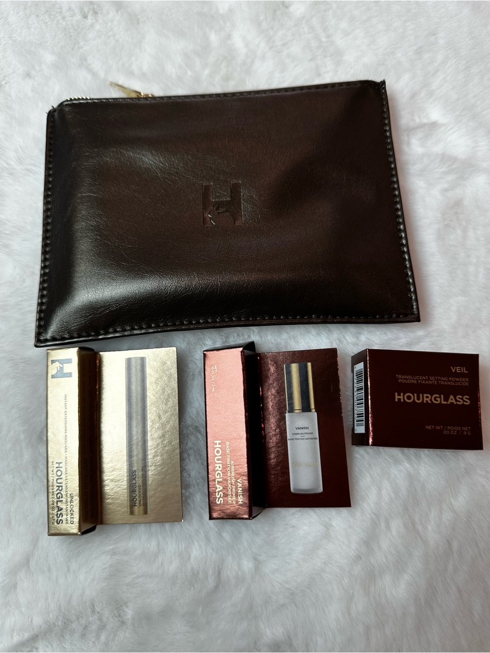 Hourglass Black gray Leather Pouch with Metallic Rose Gold and Gold Sample Boxes